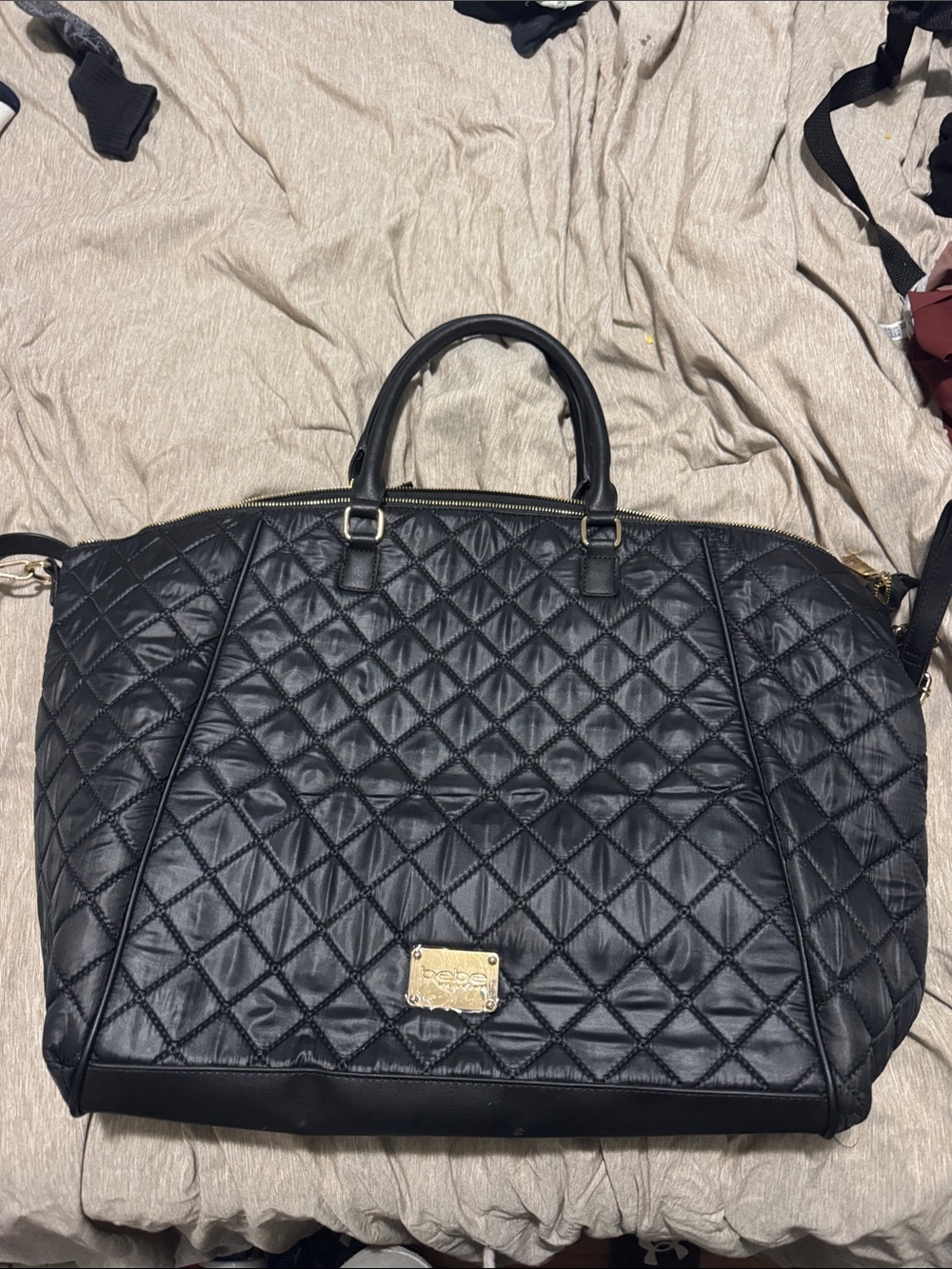Quilted Black Women's Weekend Tote Bag with Gold Plaque